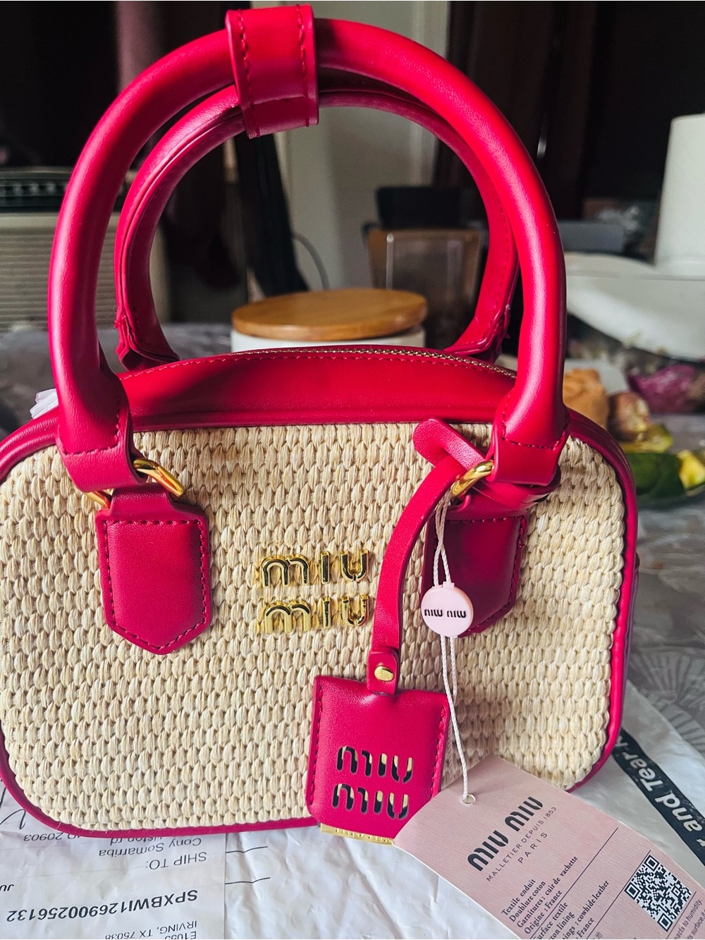 Miu Miu Cream Woven Mini Satchel with Pink Trim - Picture 2 of 5